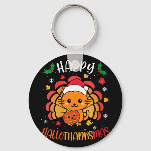 Womens Happy Hallowthanksmas Ca Cute Kitten Turkey Keychain