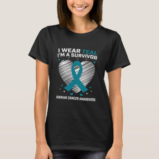 Womens Heart I Wear Teal I'm a Survivor Ovarian T-Shirt