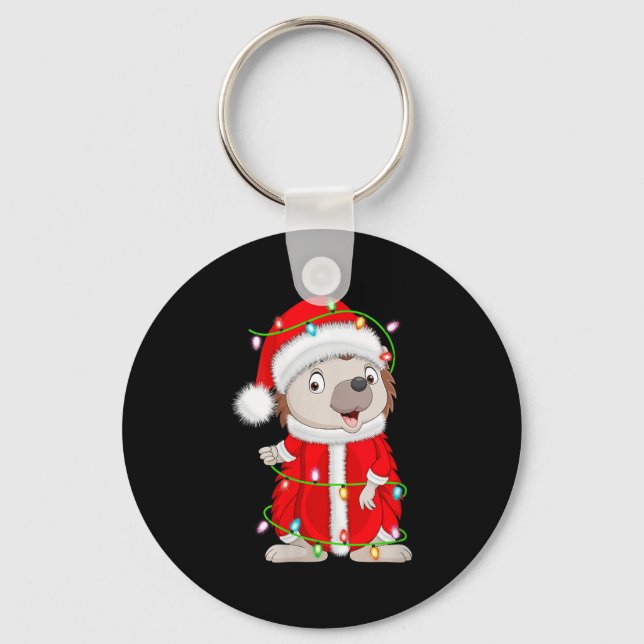 Womens Hedgehog Christmas Lights Santa Costume Cut Keychain (Front)