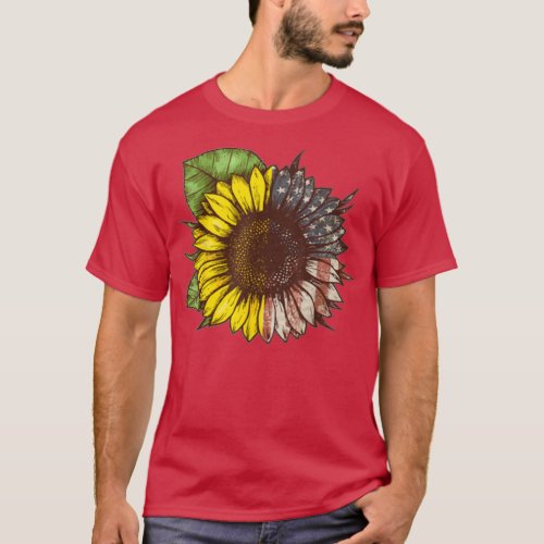 Womens Hippie Sunflower American Flag 4th Of July  T_Shirt