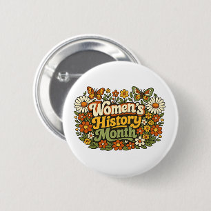 Women's History Month Retro 70s Floral Groovy Typo Button