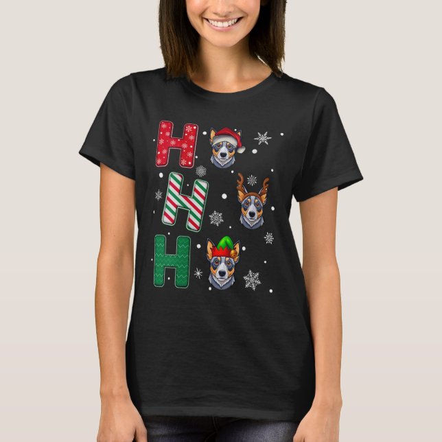Womens Ho Ho Ho Blue Heeler Dog Matching Christmas T-Shirt (Front)