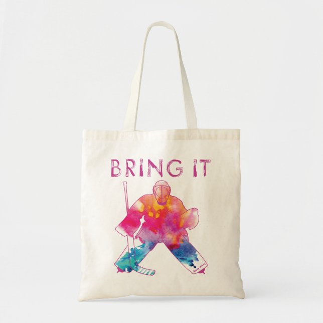 Women's Hockey Goalie Watercolor Girls Pink Tote Bag (Front)