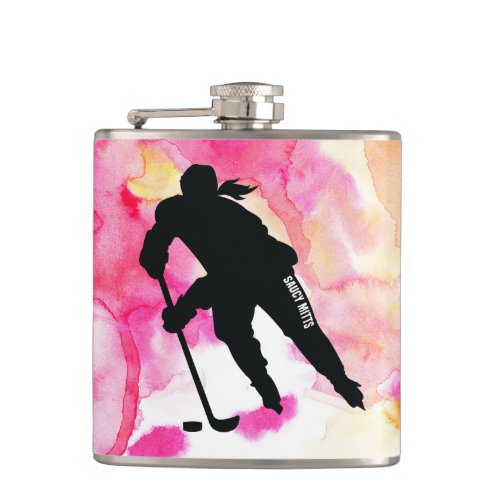 Womens Hockey Player Mom Pink Orange Watercolor H Flask