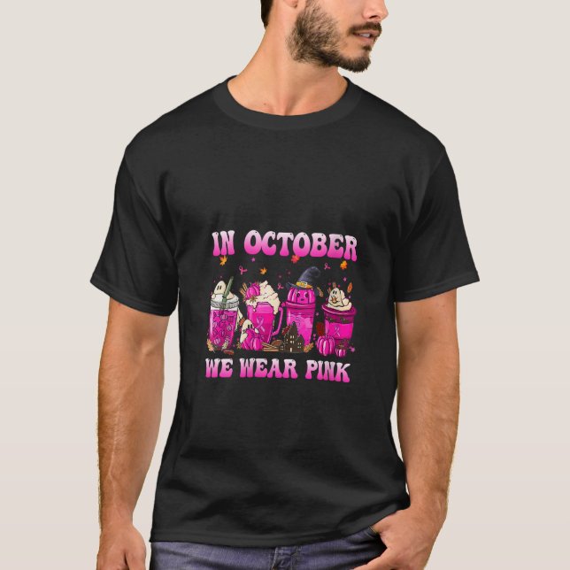 Womens In October We Wear Pink Fall Coffee Pumpkin T-Shirt (Front)