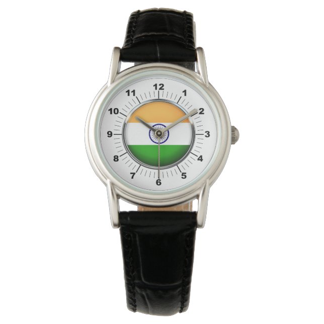 Women's India Flag Classic Black Leather Watch (Front)