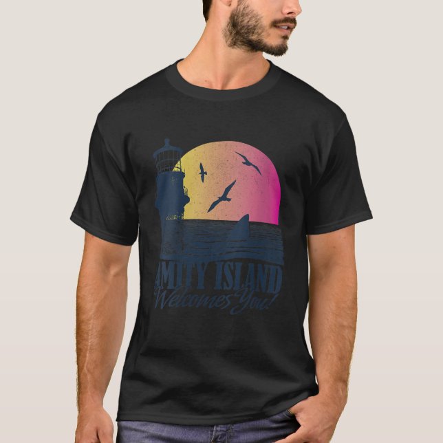 Womens Jaws Amity Island Welcomes You Sunset VNeck T-Shirt (Front)