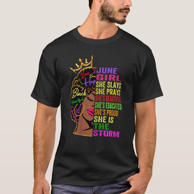 Womens June Girl She Slays & Prays  June Birthday  T-Shirt (Front)