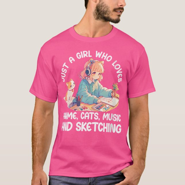 Womens Just A Girl Who Loves Anime Cats Music And  T-Shirt (Front)