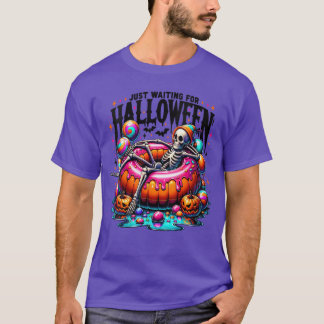 Womens Just Waiting for Halloween Skeleton Spooky T-Shirt