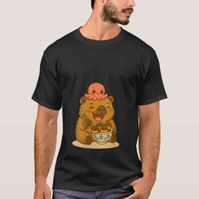 Womens Kawaii Capybara and Octopus Eating Takoyaki T-Shirt (Front)