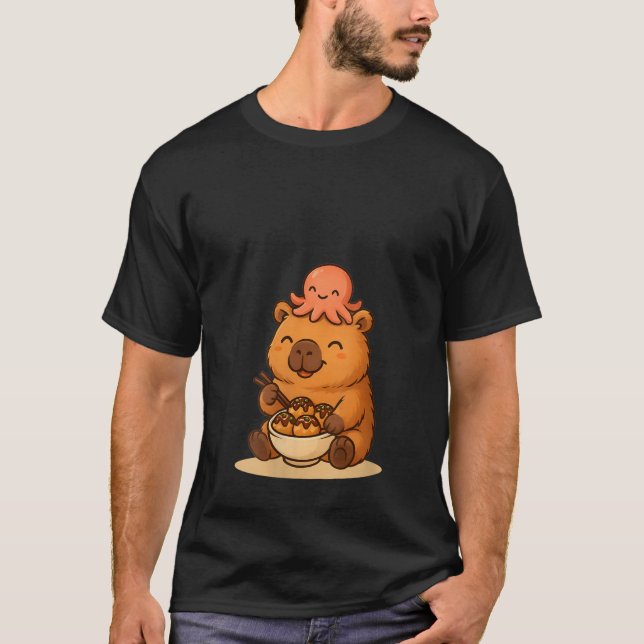 Womens Kawaii Capybara with Octopus Eating Takoyak T-Shirt (Front)