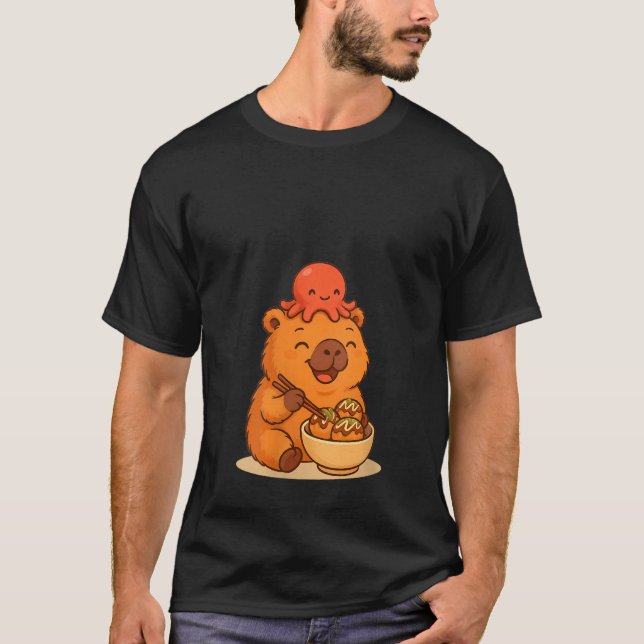 Womens Kawaii Capybara with Octopus Eating Takoyak T-Shirt (Front)