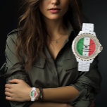 Women's Ladies White Rhinestone Italian Flag Italy Watch<br><div class="desc">A stylish women's watch in crisp white enamel, adorned with rhinestones. The watch face features the vibrant colors of the Italian flag - green, white, and red. To make it uniquely yours, your name is boldly written in pretty black lettering. It's a chic and personalized accessory that effortlessly combines fashion...</div>
