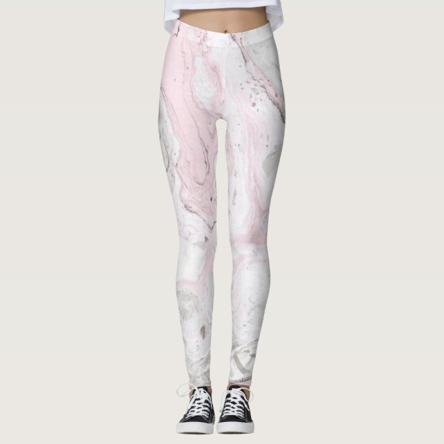 Womens Leggings Pink And Grey Marble Effect (Front)