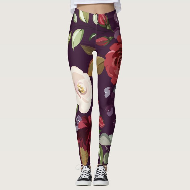 Women's Leggings Plum Purple Roses Gold Geometric (Front)