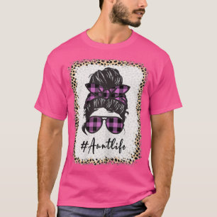 Womens Leopard Aunt Life Messy Bun Bleached Auties T-Shirt
