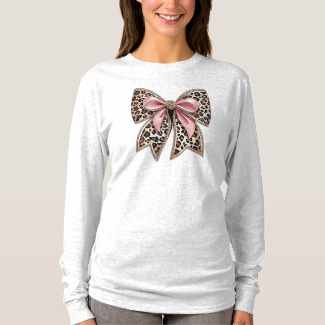 Women's Leopard Print and Pink Bow Long Sleeve  T-Shirt (Front)