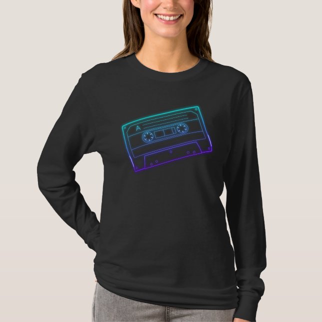 Women's Long Sleeve Neon Blue Purple Cassette Tape T-Shirt (Front)