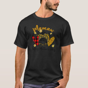 Womens Mamaw Life Leopard Plaid Hearts Messy Bun M T-Shirt