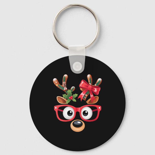 Womens Matching Family Christmas Reindeer Face Gle Keychain (Front)