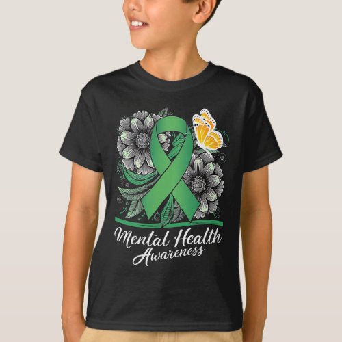 Womens Mental Health Awareness Butterflie Green Ri T_Shirt