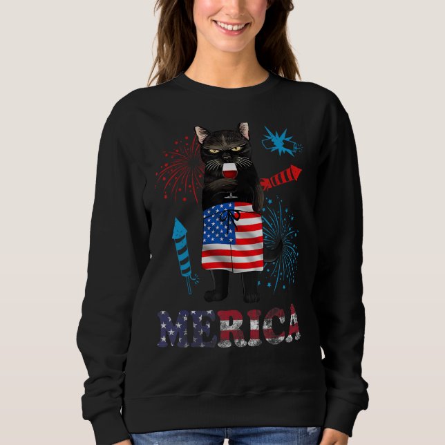 Womens  Merica Black Cat Wine Glass Firework USA F Sweatshirt (Front)