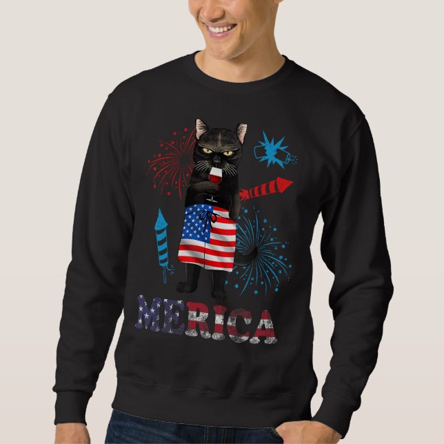 Womens  Merica Black Cat Wine Glass Firework USA F Sweatshirt (Front)
