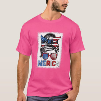 Womens Merica Mom Girl American Flag Messy Bun Hai T-Shirt