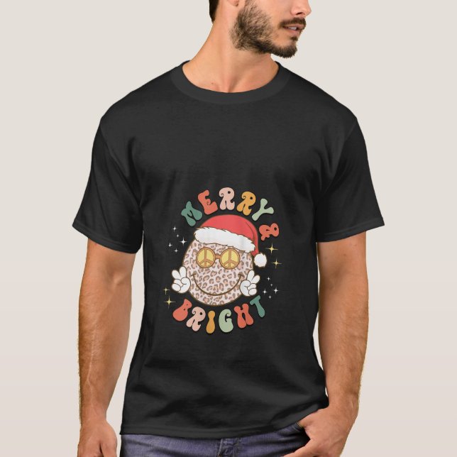 Womens Merry Bright Leopard Pattern Smile Face San T-Shirt (Front)