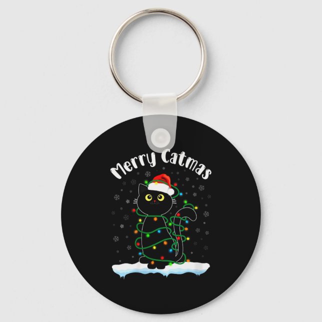 Womens Merry Catmas Cat Wearing Santa Hat Black Ca Keychain (Front)