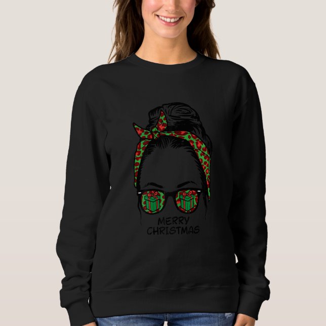 Womens Merry Christmas Hair Bun Leopard Xmas Women Sweatshirt (Front)