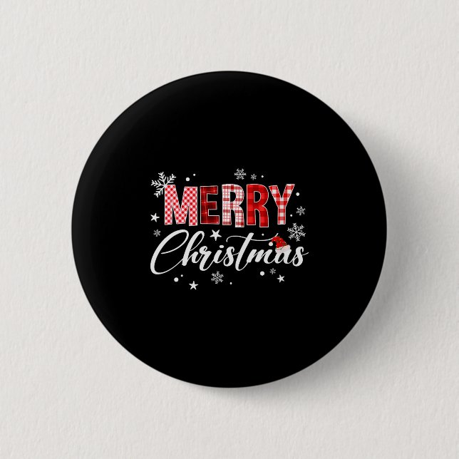 Womens Merry Christmas Red Buffalo Plaid Santa Hat Button (Front)