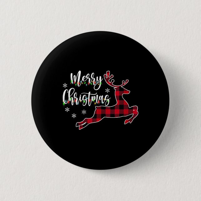 Womens Merry Christmas Reindeer Buffalo Plaid Red  Button (Front)