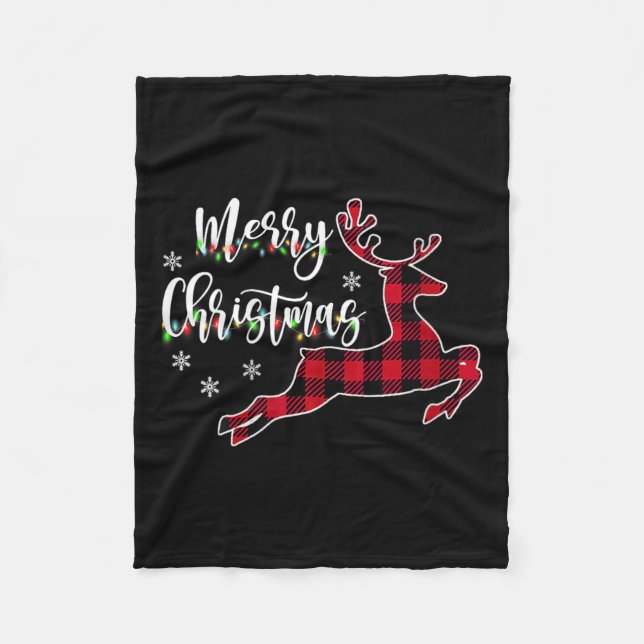 Womens Merry Christmas Reindeer Buffalo Plaid Red  Fleece Blanket (Front)