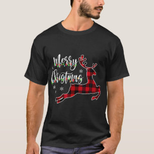 Womens Merry Christmas Reindeer Buffalo Plaid Red T-Shirt