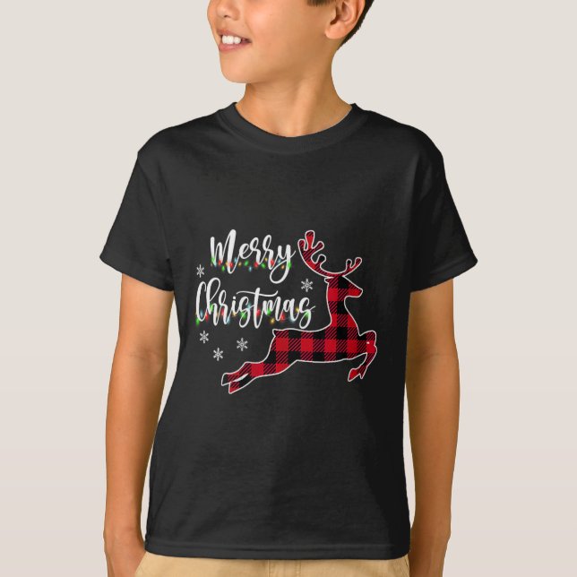 Womens Merry Christmas Reindeer Buffalo Plaid Red  T-Shirt (Front)