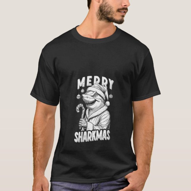 Womens Merry Sharkmas Funny Shark Santa Claus Cand T-Shirt (Front)