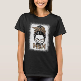 Womens Messy Bun Blessed Mom Leopard Thanksgiving  T-Shirt
