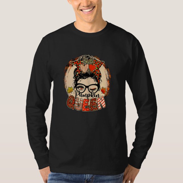 Womens Messy Bun Fall Pumpkin Queen Fall Autumn Th T-Shirt (Front)