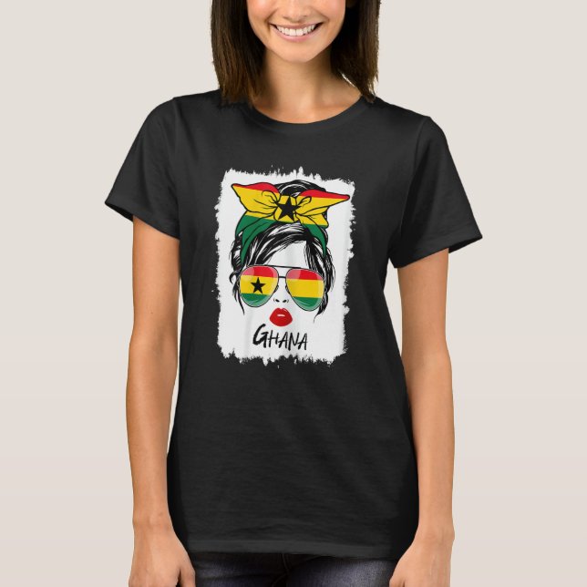 Womens Messy Bun Ghana Flag Glasses Patriotic Wome T-Shirt (Front)