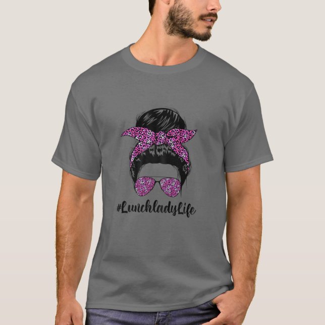Womens Messy Bun Hair Leopard Headband Lunch Lady T-Shirt (Front)
