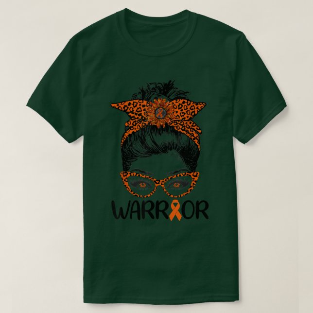 Womens Messy Bun Leopard Orange Warrior Leukemia A T-Shirt (Design Front)