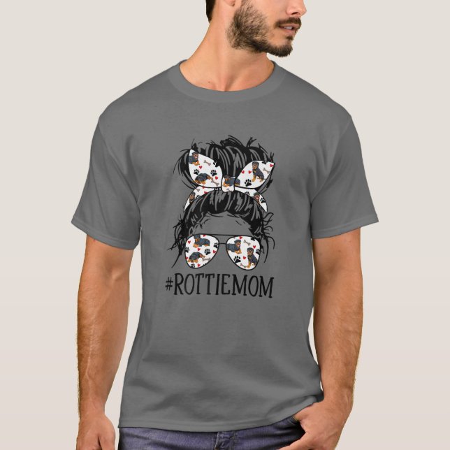 Women's Messy Bun Mom,Rottie Mom Sunglassesdog Lov T-Shirt (Front)