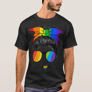 Womens Messy Hair Bun Free Mom Hugs LGBT Gay Pride T-Shirt