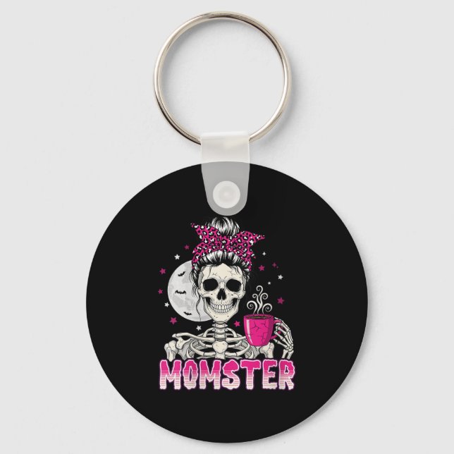 Womens Momster Skull Mom Coffee Lover Halloween Me Keychain (Front)