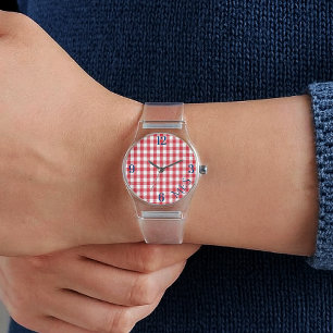 Women's Monogram Red White Gingham Clear Silicone Watch