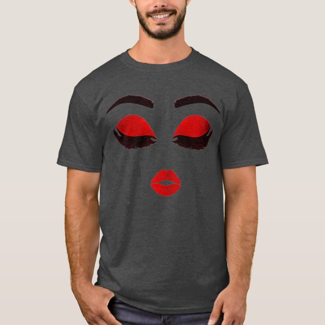 Womens MUA Cute Face Red Lip Print Eyelashes T-Shirt (Front)