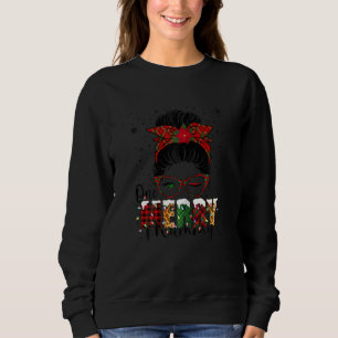 Womens Mummy Messy Bun Buffalo Plaid Christmas One Sweatshirt