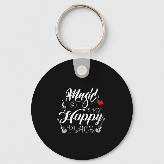 Womens Music Is My Happy Place Motivational Life Q Keychain (Front)